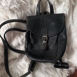 Roots Black Leather Mini Backpack with Buckle Detail